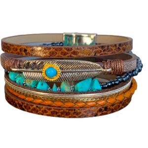 Women’s Western Cowgirl Cuff Bracelet – Faux Turquoise, Feather & Vegan Leather